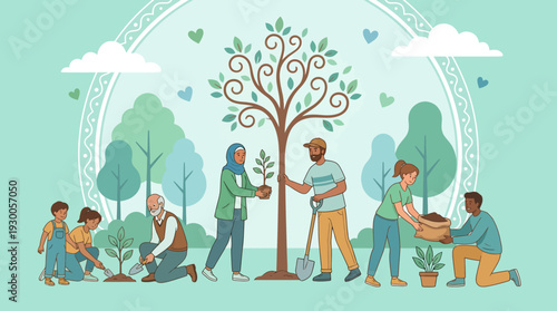 Diverse group collaborating and learning outdoors around a central tree in a peaceful park illustration