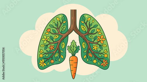 Illustration of green lungs shaped like a tree with leaves and a carrot root, symbolizing healthy breathing and plant-based wellness.