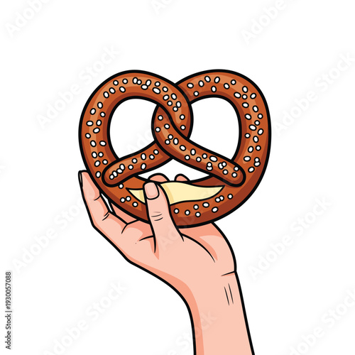 Hand holding a freshly baked pretzel with coarse salt sprinkled on top, perfect for a snack