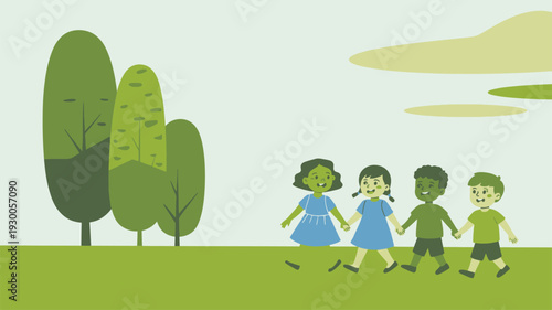 Kids walking park holding hands friends