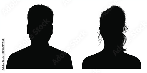 Silhouette Busts of a Man and a Woman with Detailed Hair on White Background male female