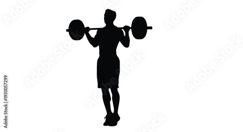 Silhouette of a muscular man lifting a barbell overhead in a gym setting