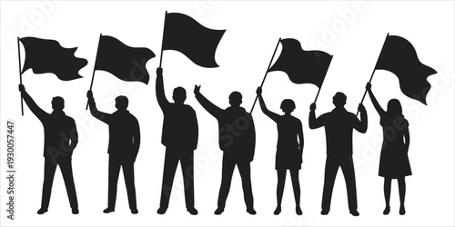 Silhouette group of people holding and waving black flags on white background Keywords: people, silhouette, group, holding