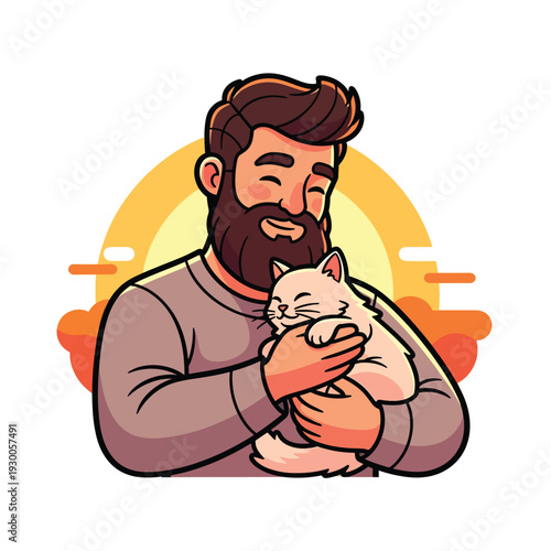 A happy man holding a cat in his arms with a warm sunset background illustration