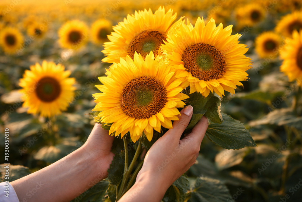 Fototapeta premium Woman Hands Holding Three Bright Yellow Sunflowers