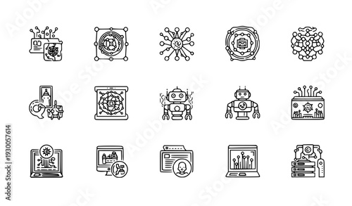 Artificial Intelligence Line Icon Set, Machine Learning and Data Technology Outline Icons