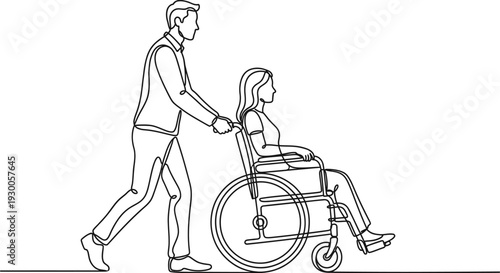Continuous Line Drawing Man Push Woman On Wheelchair