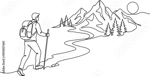 Tourist Hiking Mountains Continuous One Line Drawing