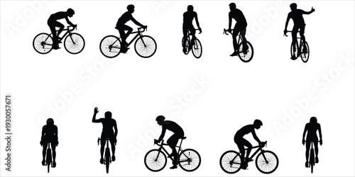 Silhouettes of cyclists in various poses on white background cycling bicycle