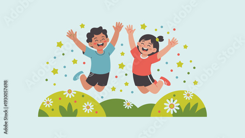 Two joyful children happily jumping high in a lively green field with colorful stars and daisies