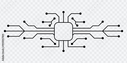 Black microchip circuit lines isolated on transparent background