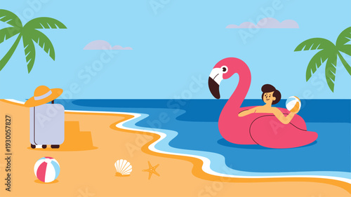 Woman flamingo float, tropical beach