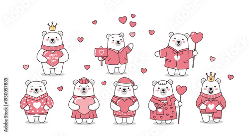 Adorable polar bears in pink outfits with hearts celebrating Valentine Day in a cute cartoon style illustration for romantic cards.
