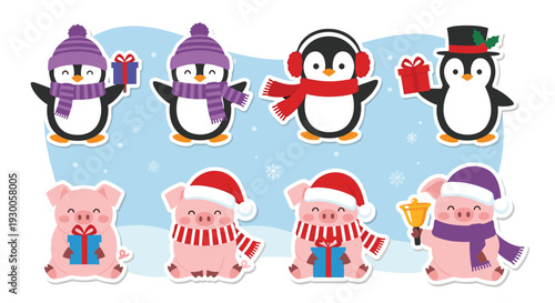 Collection of cute penguins and little pigs dressed in warm winter clothes and holding holiday gifts for Christmas and New Year.