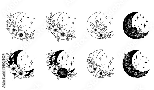 Boho Floral Moon and Crystal Esoteric Black White Vector Set