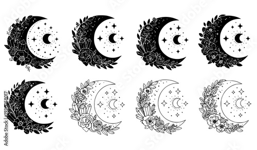 Mystical Boho Floral Crescent Moon Silhouette Vector Clipart Set