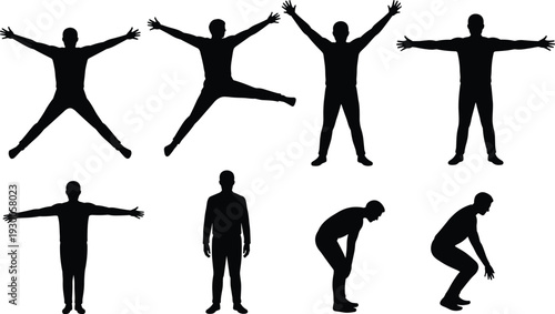 Silhouettes of men in active and static poses on white background person jumping