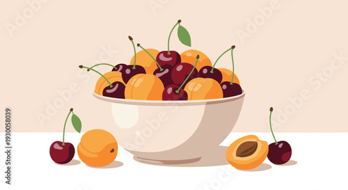 Still life illustration of a ceramic bowl filled with ripe cherries and apricots on a table for summer fruit and healthy food concept.