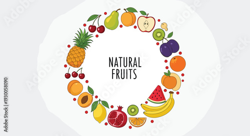 Round wreath made of various colorful fruits with natural fruits text in the center for health and wellness branding or decoration.