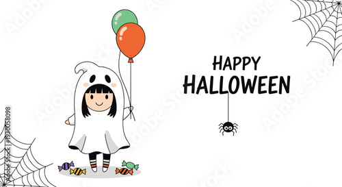 Little girl in a cute ghost costume holding balloons and surrounded by candies for Halloween trick or treat event on white background.