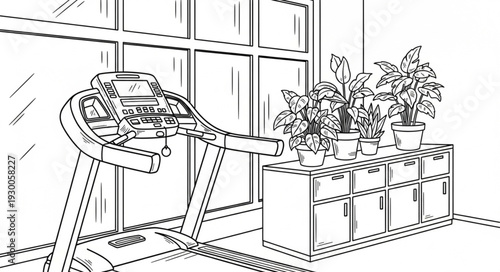 Treadmill and Plants in Room.