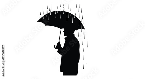 Silhouette of a person holding an umbrella during a rainstorm minimalist style