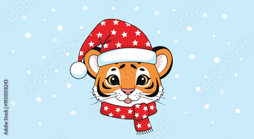 Close up of a cute tiger cub face wearing a red Santa hat with white stars and matching scarf on a snowy light blue background.