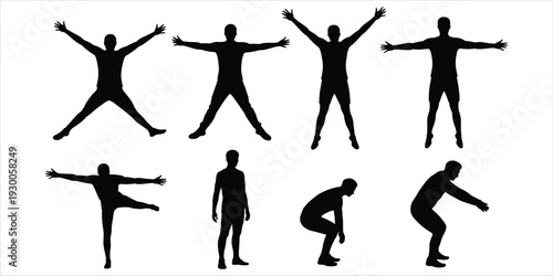 Silhouettes of men in active poses on white background person jumping