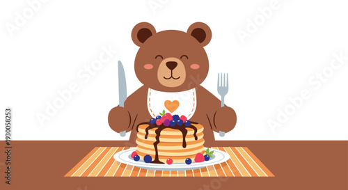 Cute brown bear character sitting at a table and getting ready to eat a tall stack of pancakes with berries and chocolate sauce.