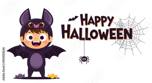 Happy little boy in a bat costume holding candies for Halloween trick or treat celebration on a white background with spiders.