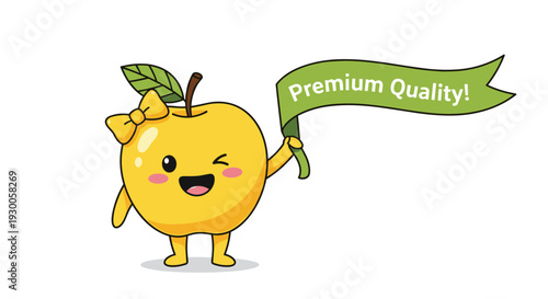 Cute yellow apple character with a bow winking and holding a green banner with premium quality text for fruit product branding.