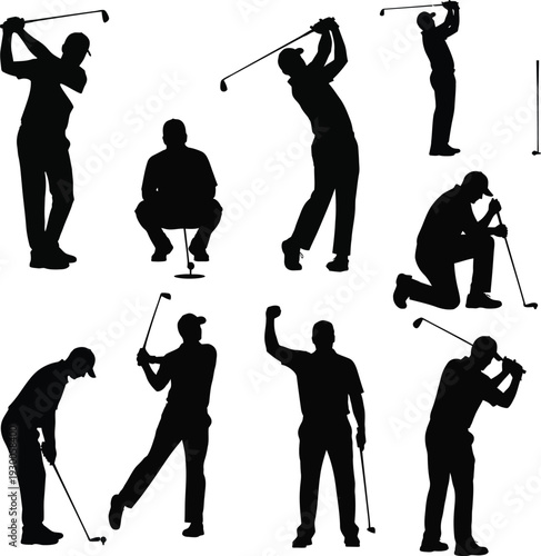 golf player silhouette vector set collection, golfer action poses, sport illustration