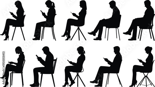 Silhouettes of People Sitting on Chairs Using Mobile Phones vector illustration