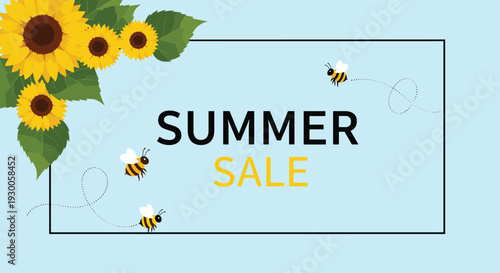 Summer sale promotion banner features bright yellow sunflowers and busy honeybees flying against a clear blue sky background.