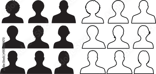 A collection of diverse human head and shoulder profile icons with different hairstyles as silhouettes and outlines