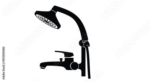 Black and white illustration of a showerhead and wall mounted faucet