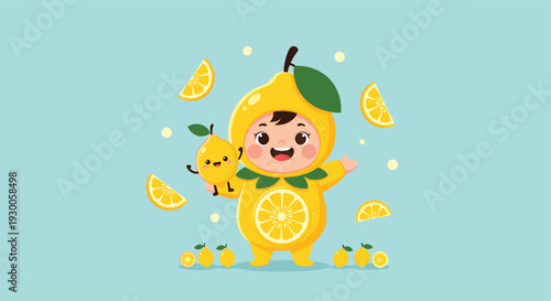 Sweet baby wearing a yellow lemon fruit costume holds a tiny lemon friend, surrounded by citrus slices on a light blue background.