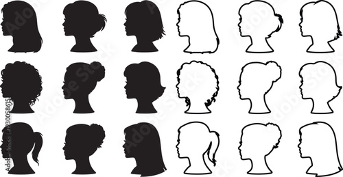 A diverse collection of female head profiles are shown in both solid black and outline forms