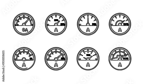 Neon ammeter icon set for electric current measurement
