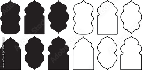 A group of varied Islamic arch shapes are displayed as both solid black and outlines