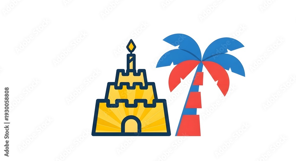 Naklejka premium Colorful sandcastle and palm tree illustration with vibrant design
