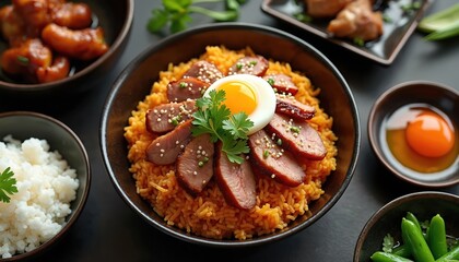 Savory rice bowl with sliced duck and soft boiled egg. Garnished with fresh parsley and sesame seeds, served with white rice and green peas.