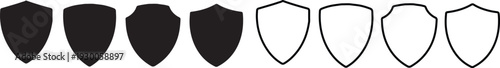 A row of various shield shapes displayed as solid black silhouettes and simple outlines on white