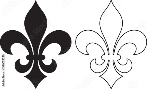 Elegant black solid and outline fleur de lis icons representing French heritage and royalty