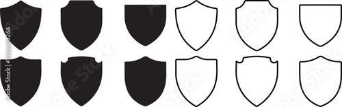 Collection of diverse black filled and outlined shield icons representing security and protection