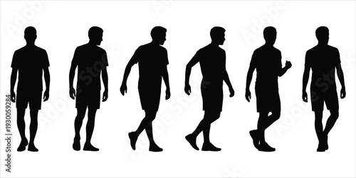 Six Black Silhouettes of Men in Various Walking and Standing Poses on White Keywords: silhouette, men, male, walking, standing
