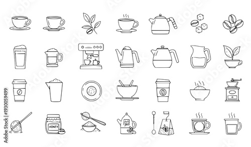 Coffee and tea thin line editable vector icon set