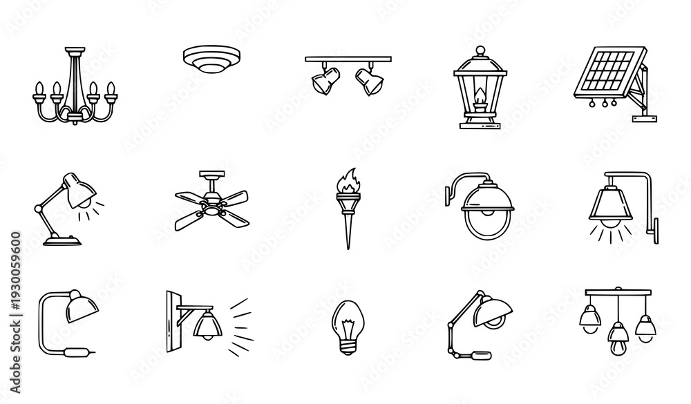 Fototapeta premium Interior and exterior lighting thin line editable vector icon collection