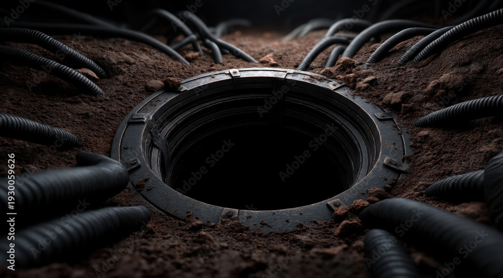 Fototapeta premium Hole entrance dark circular opening in dirt with black conduit cables surrounding rim, moody low light and texture conveying mystery and tension