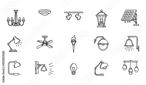 Interior and exterior lighting thin line editable vector icon collection